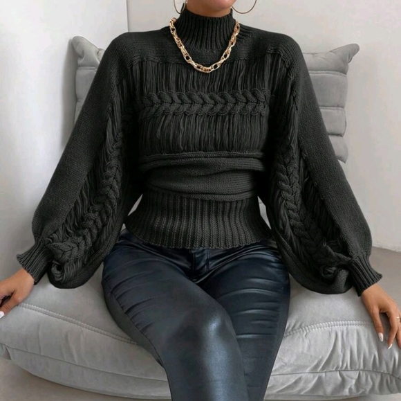 Luxe Mock Neck Cable Knit Lantern Sleeve Sweater Top - Picture 6 of 7